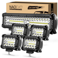 NAOEVO 12-inch LED bar front view illustrates bright, multi-beam coverage for night driving