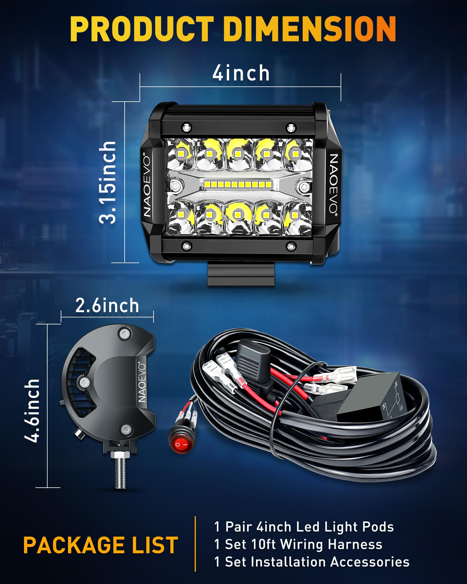 NAOEVO 4-inch LED pod pair emphasizing IP68 weatherproof sealing.