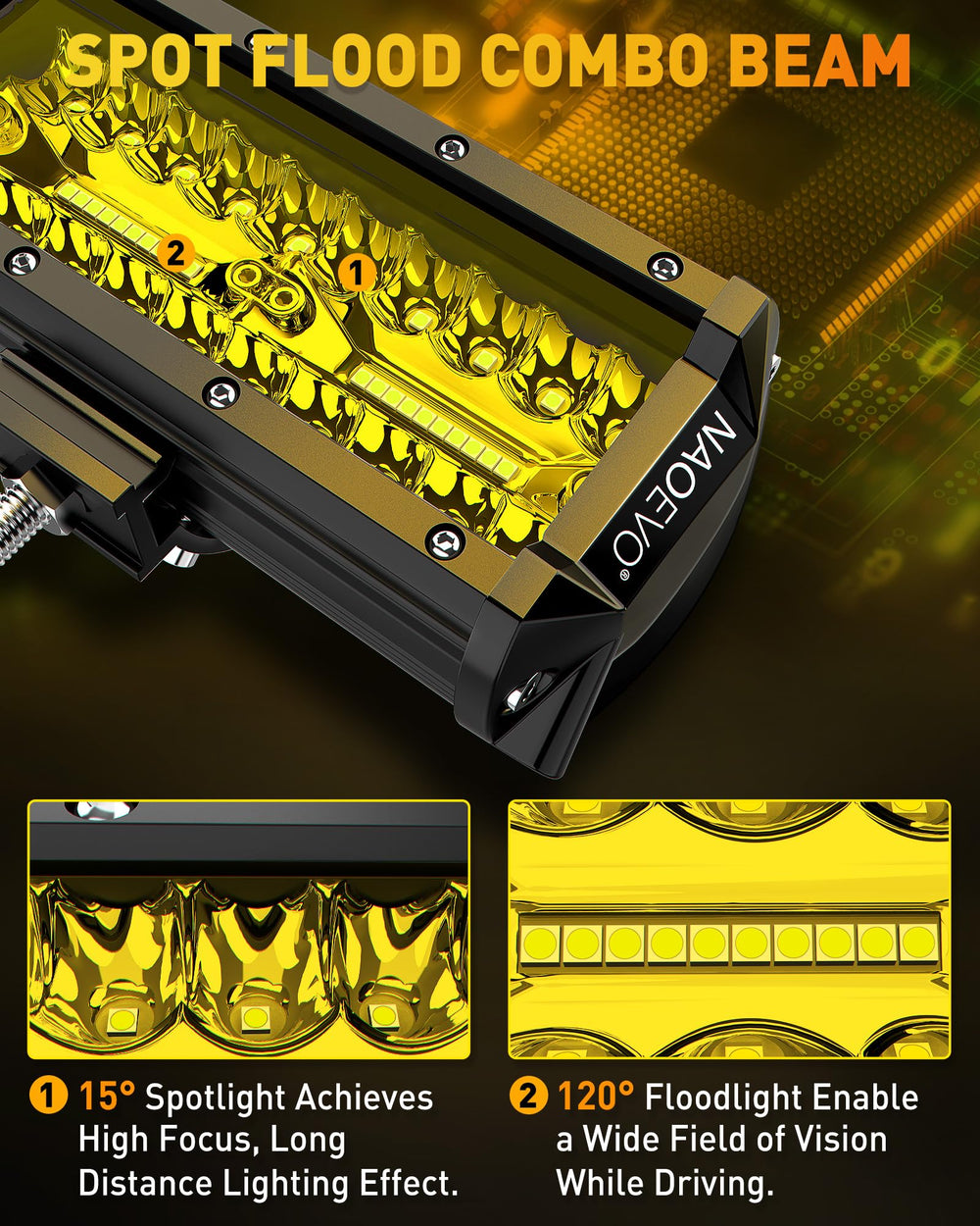NAOEVO 2-pack yellow LED light bars ready for truck, ATV, or boat installs.
