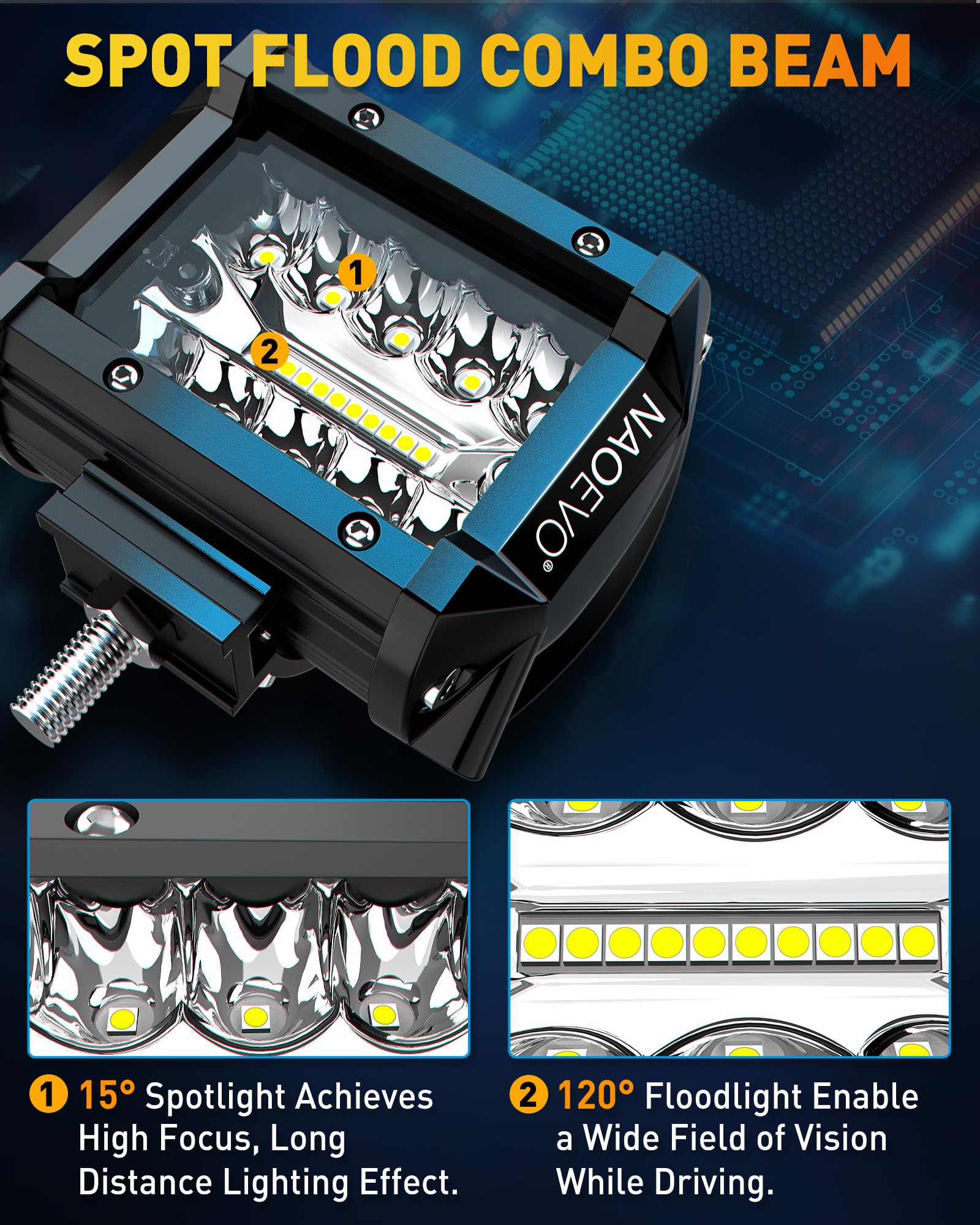 NAOEVO 4-inch LED pod installation bracket demonstrates adjustable beam angle.