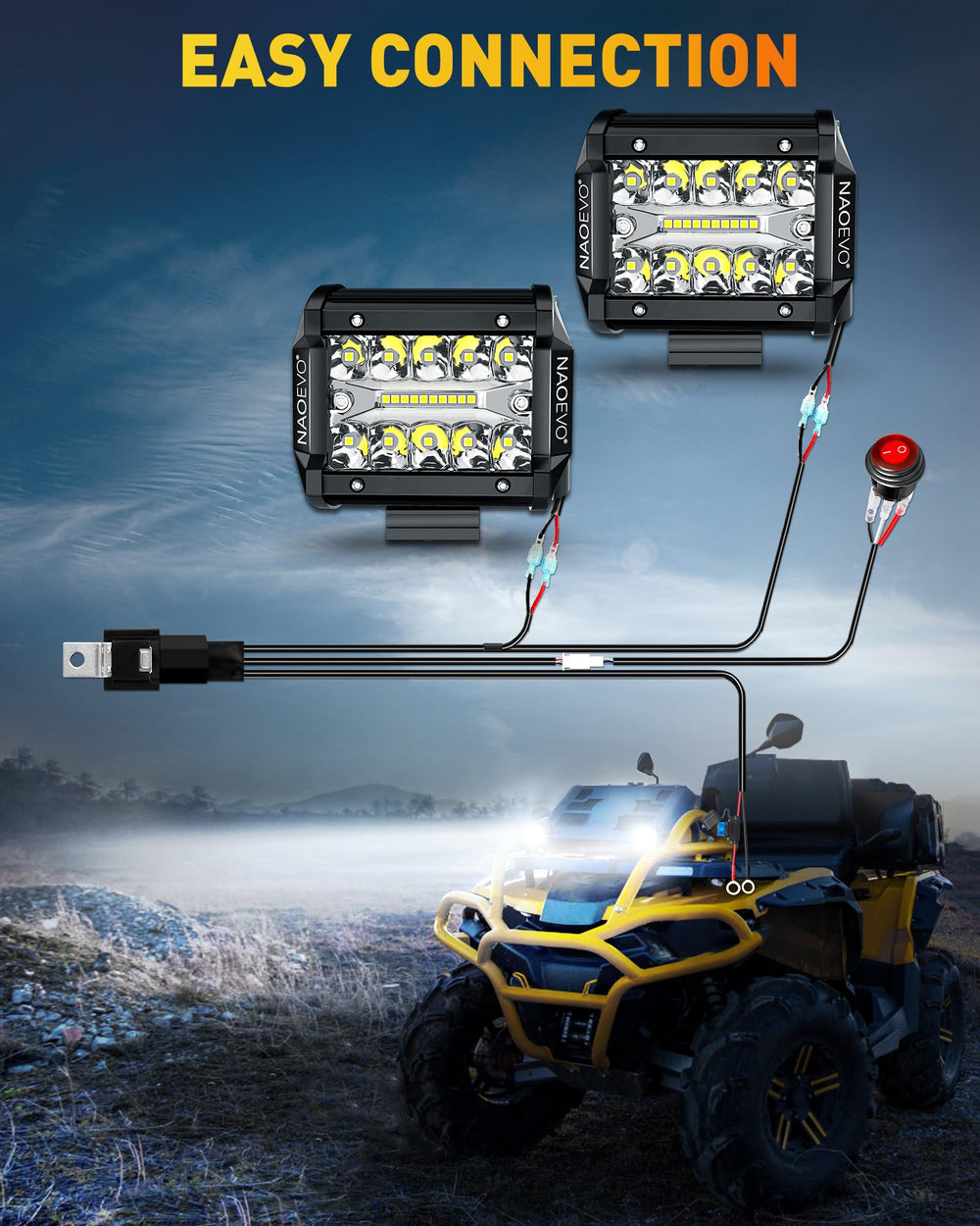 NAOEVO 4-inch LED pod in off-road setup with durable weatherproof design.
