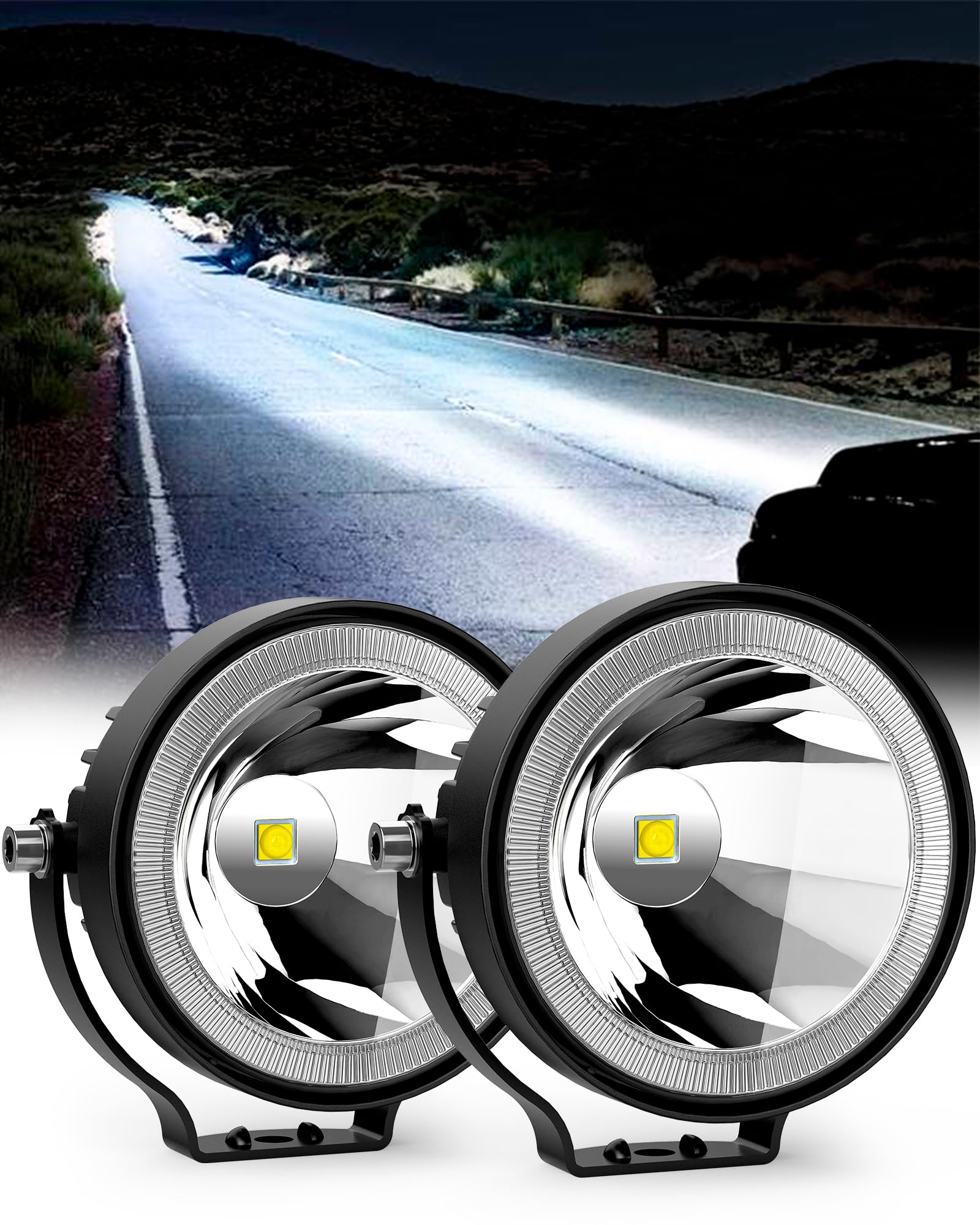 NAOEVO 4-inch round LED pod light side-angle view for better forward visibility on rough terrain