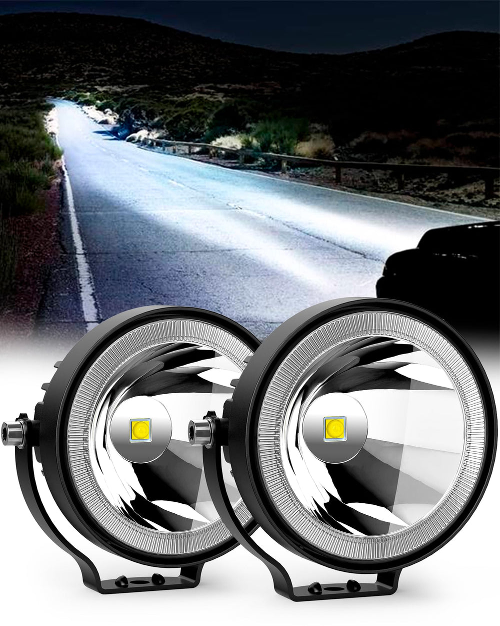NAOEVO 4-inch round LED pod light side-angle view for better forward visibility on rough terrain