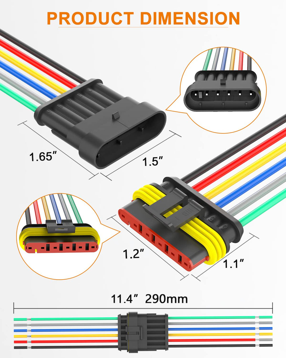 NAOEVO 6-pin waterproof connectors in use on car and marine wiring setups.