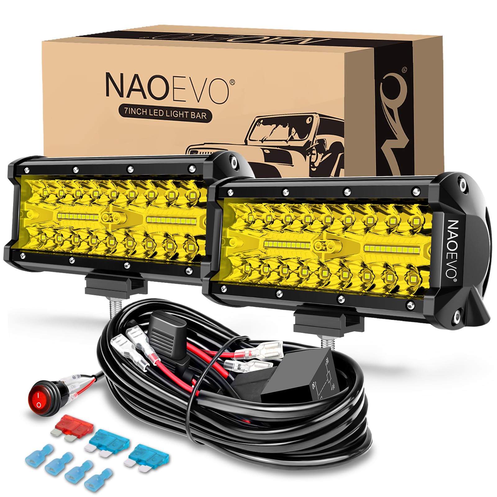 NAOEVO 7-inch yellow LED light bar with spot and flood beams for distant hazards and edge clarity