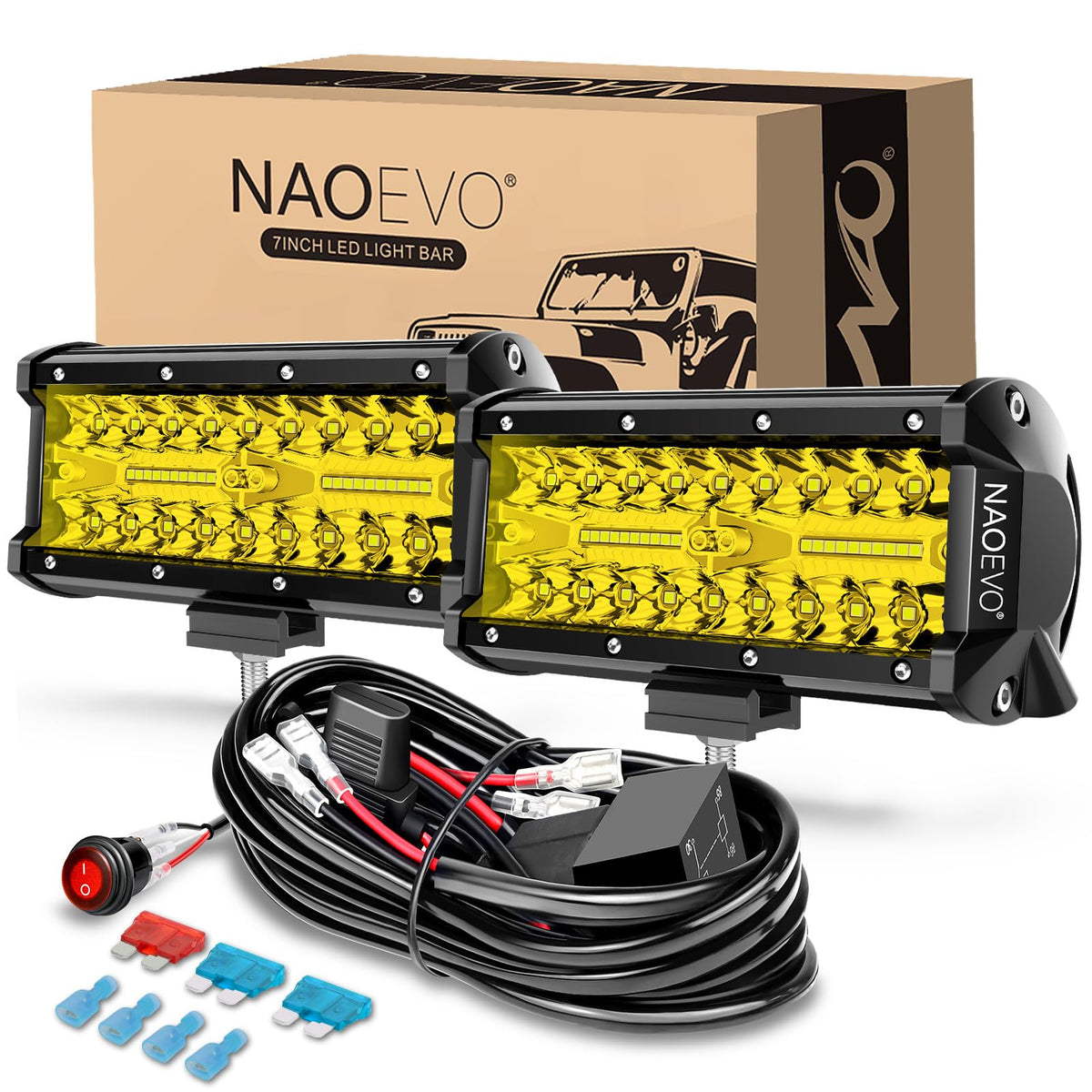 NAOEVO 7-inch yellow LED light bar with spot and flood beams for distant hazards and edge clarity