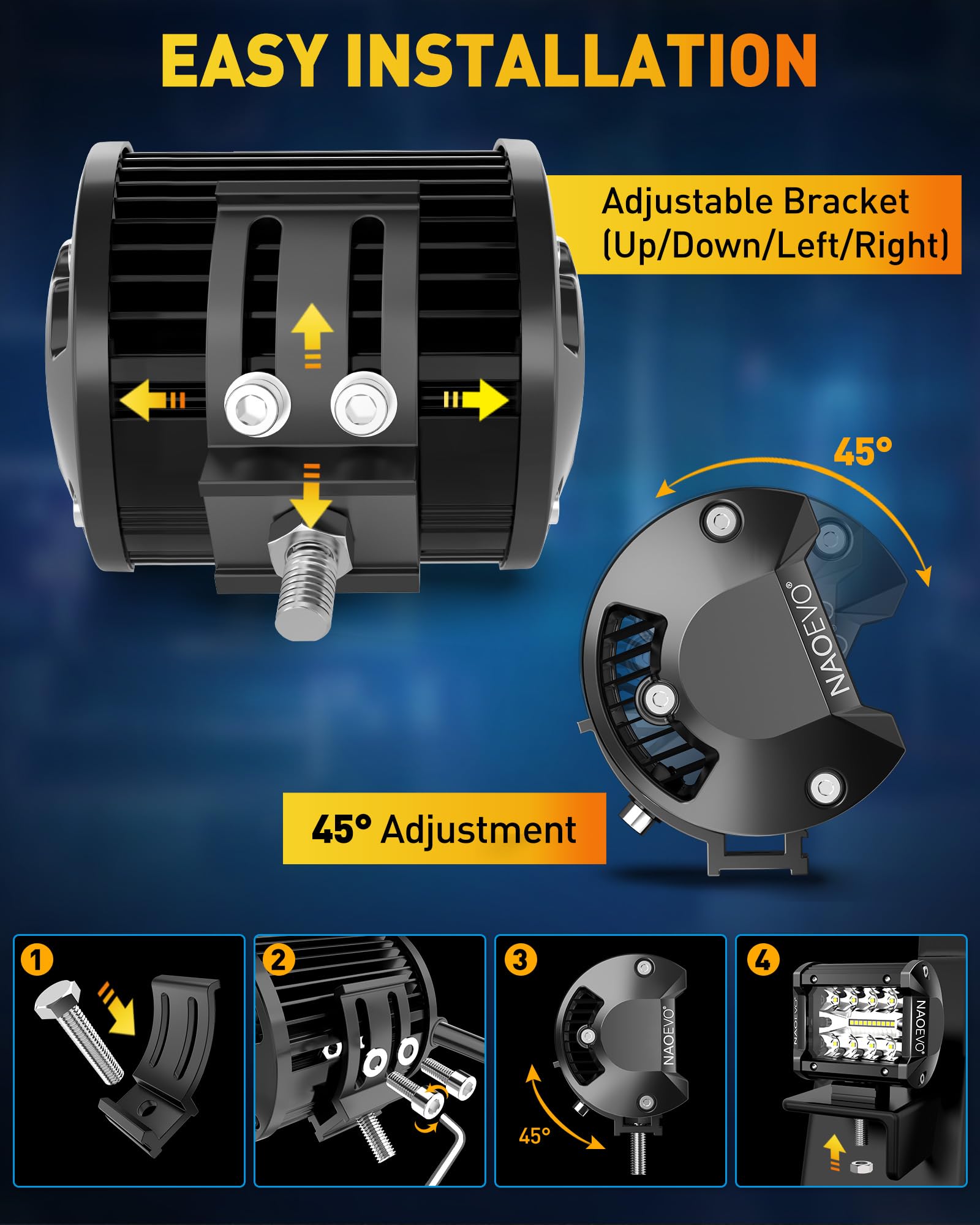 NAOEVO 4-inch LED pod cooling fins aiding heat dissipation during extended use.