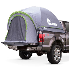 Napier Backroadz truck tent front view in gray and green offering compact camping space