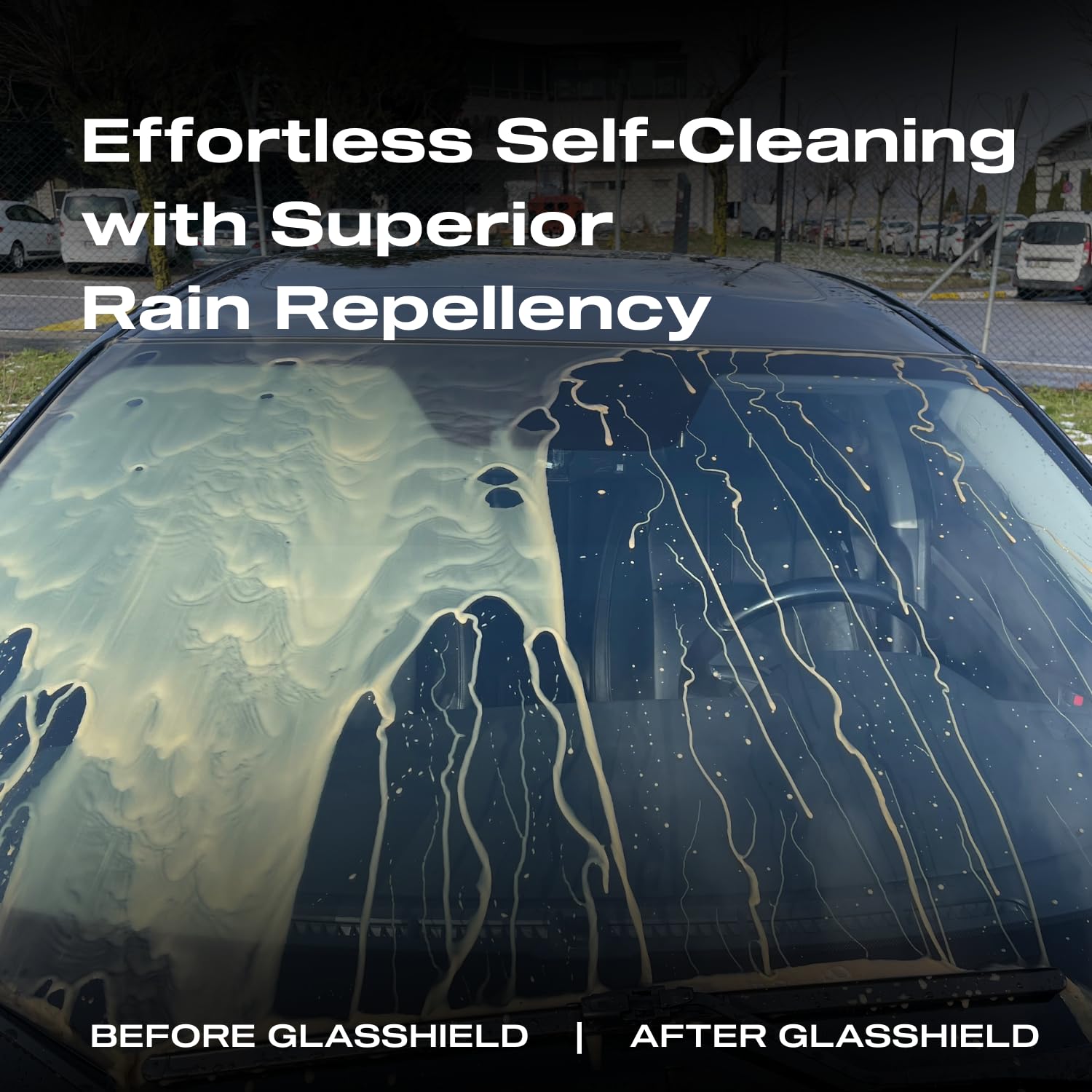 Nasiol GlasShield rainfall beads on windshield for clearer visibility during downpours.
