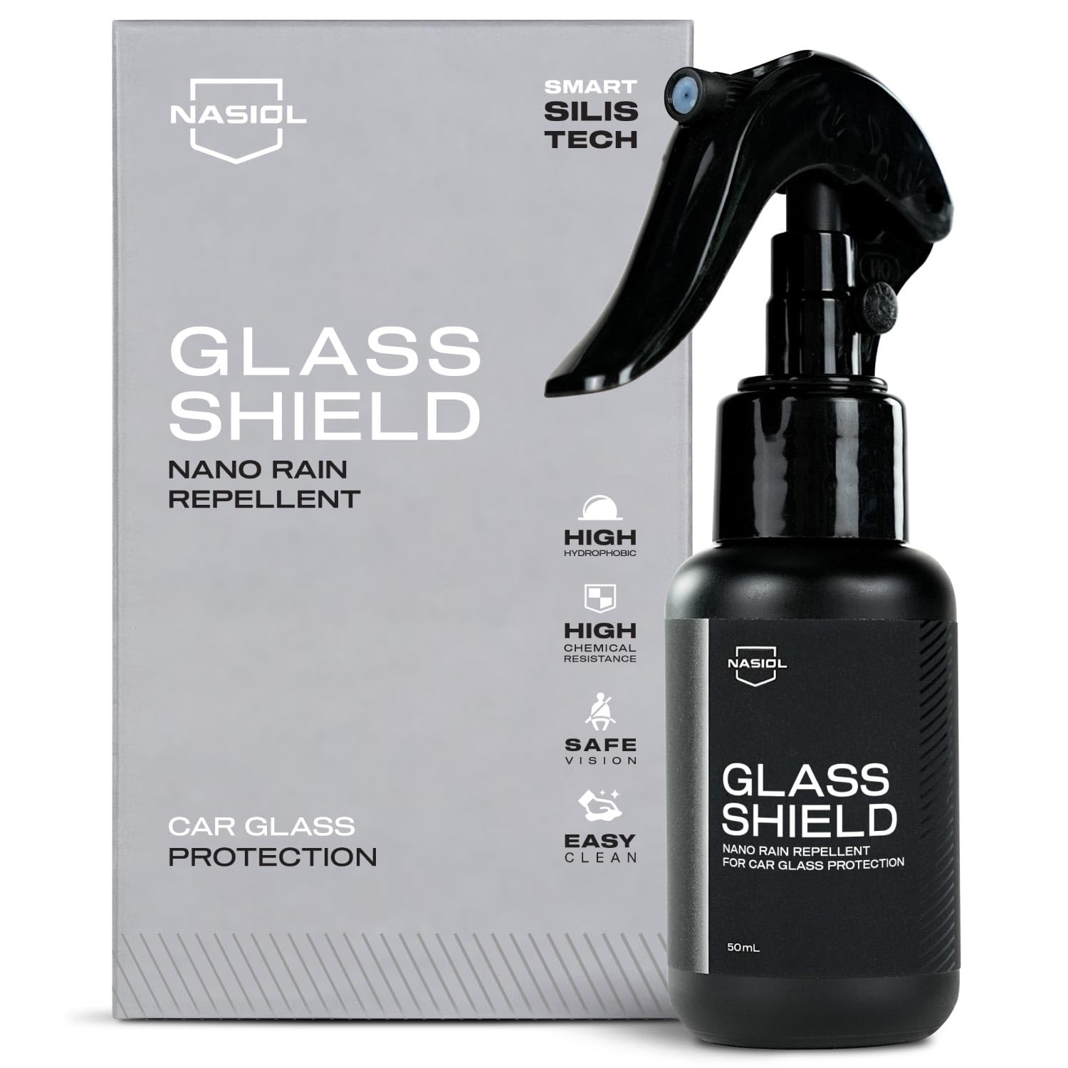Nasiol GlasShield spray bottle applying for quick rain protection and easier windshield maintenance.