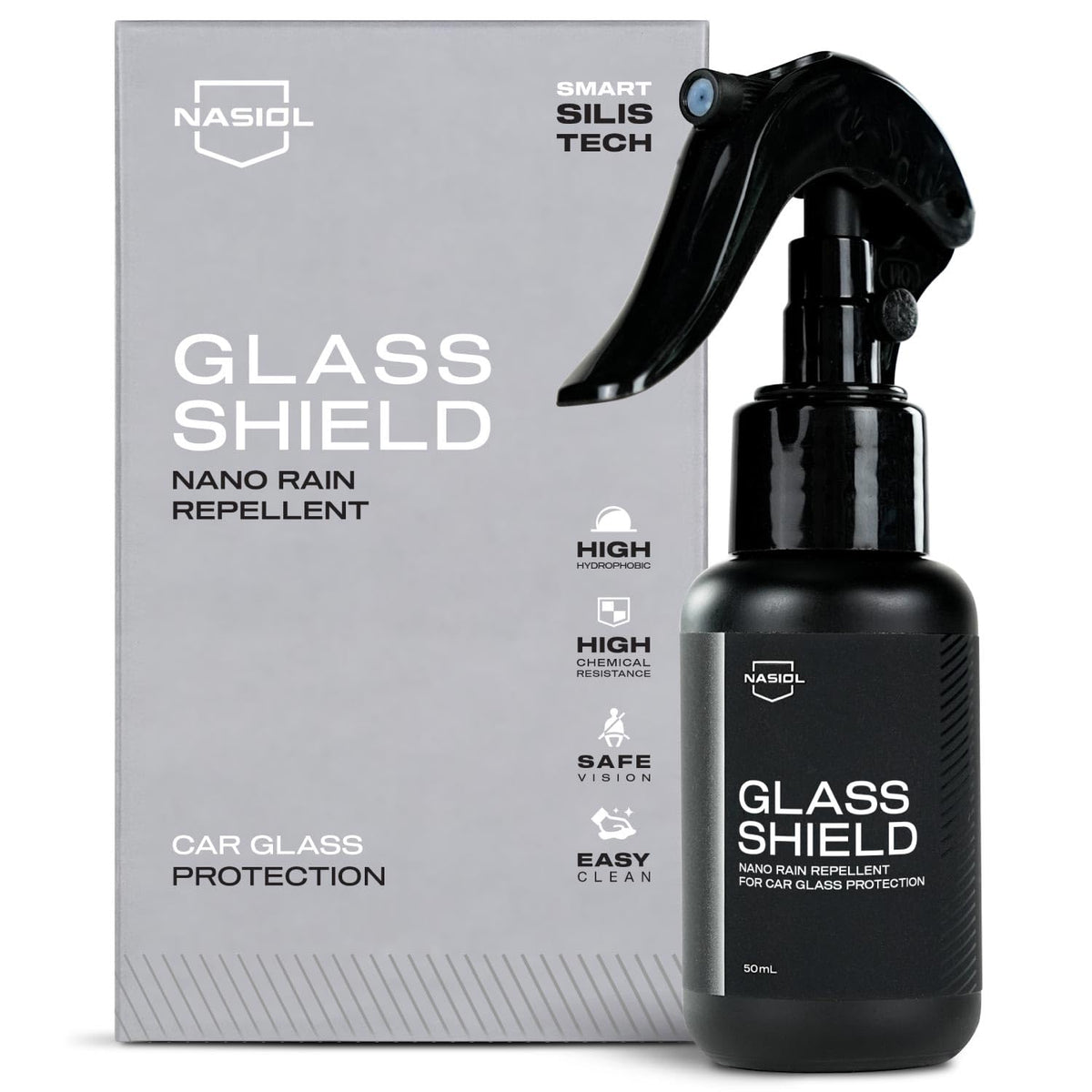 Nasiol GlasShield spray bottle applying for quick rain protection and easier windshield maintenance.