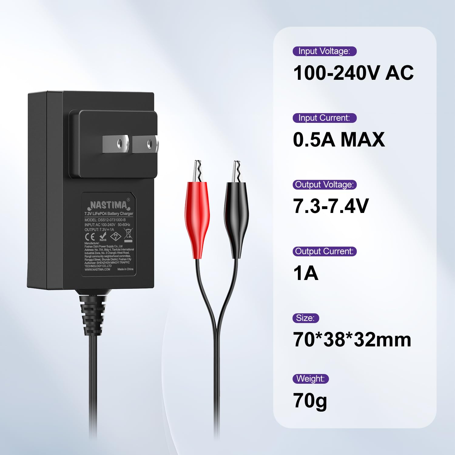 NASTIMA 6V LiFePO4 charger in use showing charging status.