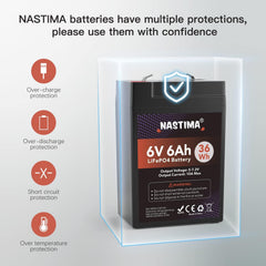 NASTIMA 6V6Ah battery with BMS label and built-in safety protections.