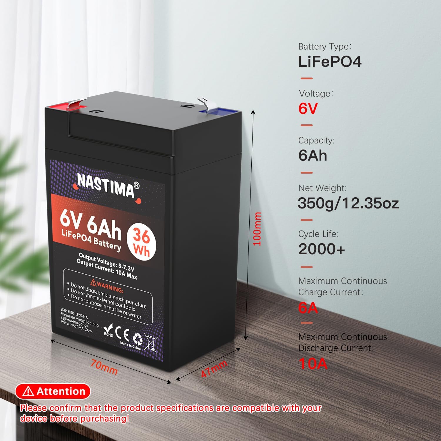 NASTIMA 6V6Ah battery side profile shows compact LiFePO4 design for easy replacement.