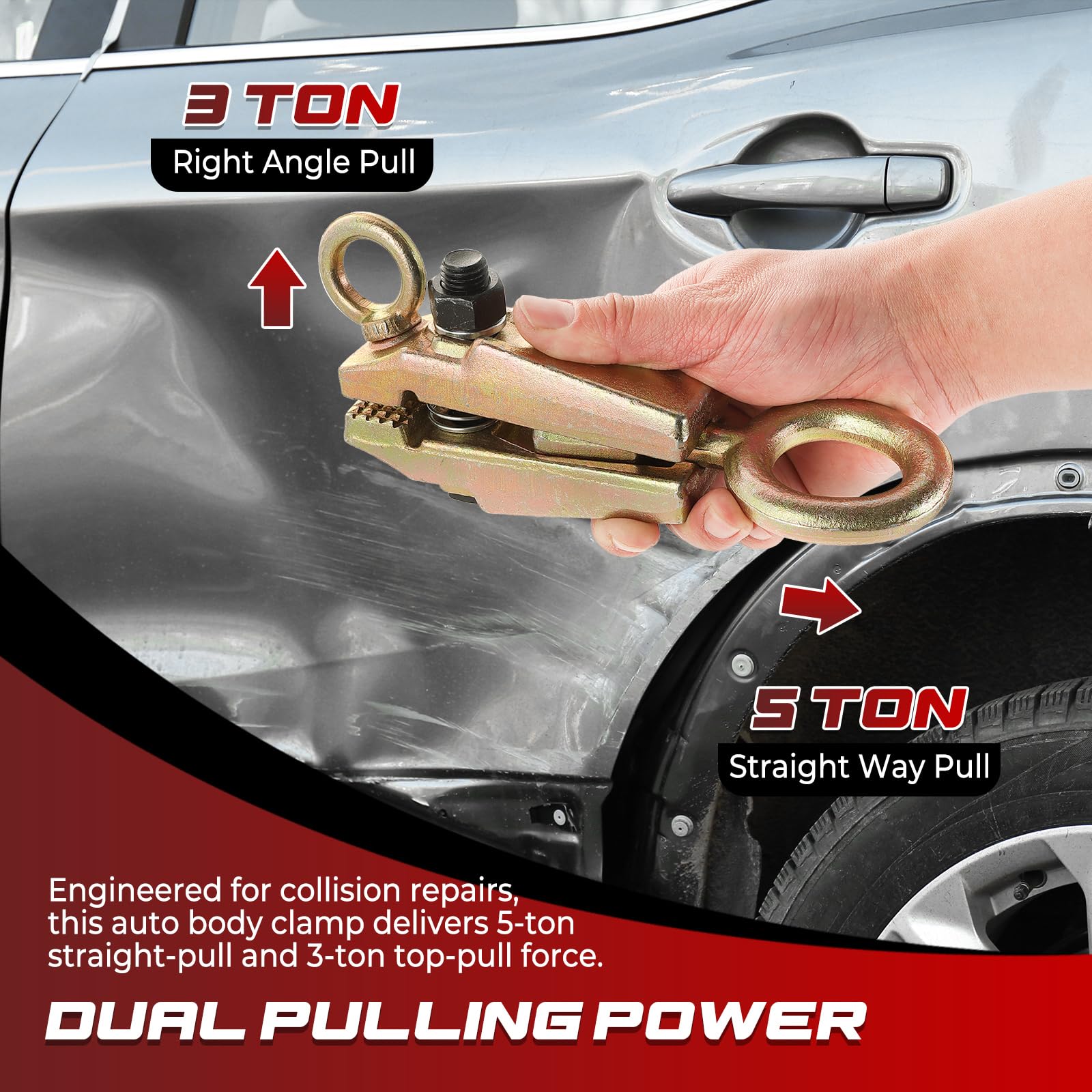 NATGAI 5-Ton 2-Way Auto Body Clamp in use during body repair near pinch weld.