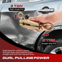 NATGAI 5-Ton 2-Way Auto Body Clamp in use during body repair near pinch weld.