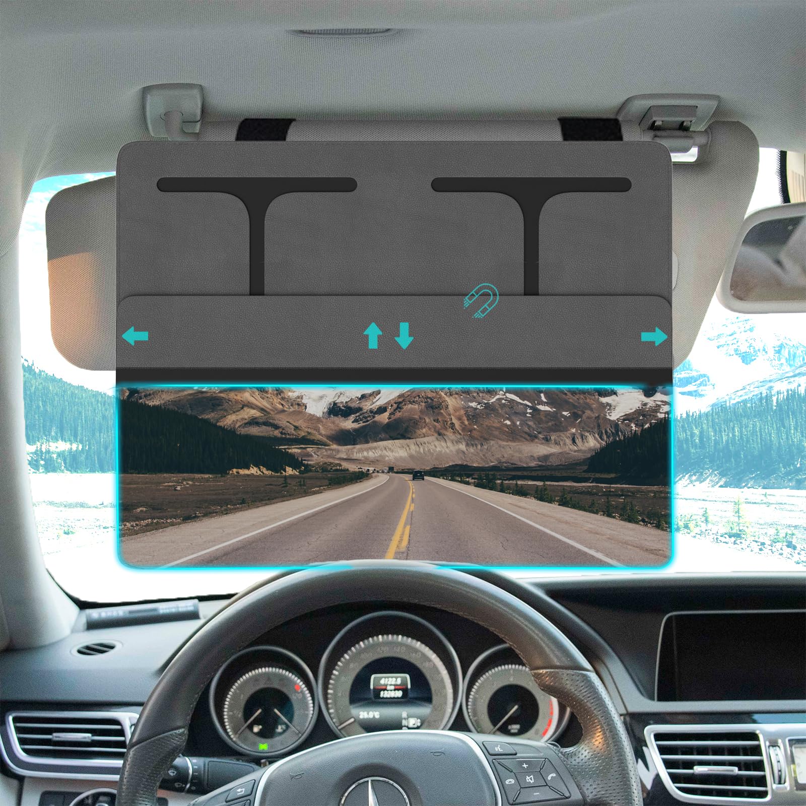 NAZZO polarized sun visor extender front view for expanded shade and safer driving.