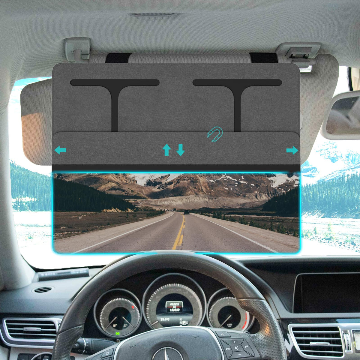 NAZZO polarized sun visor extender front view for expanded shade and safer driving.