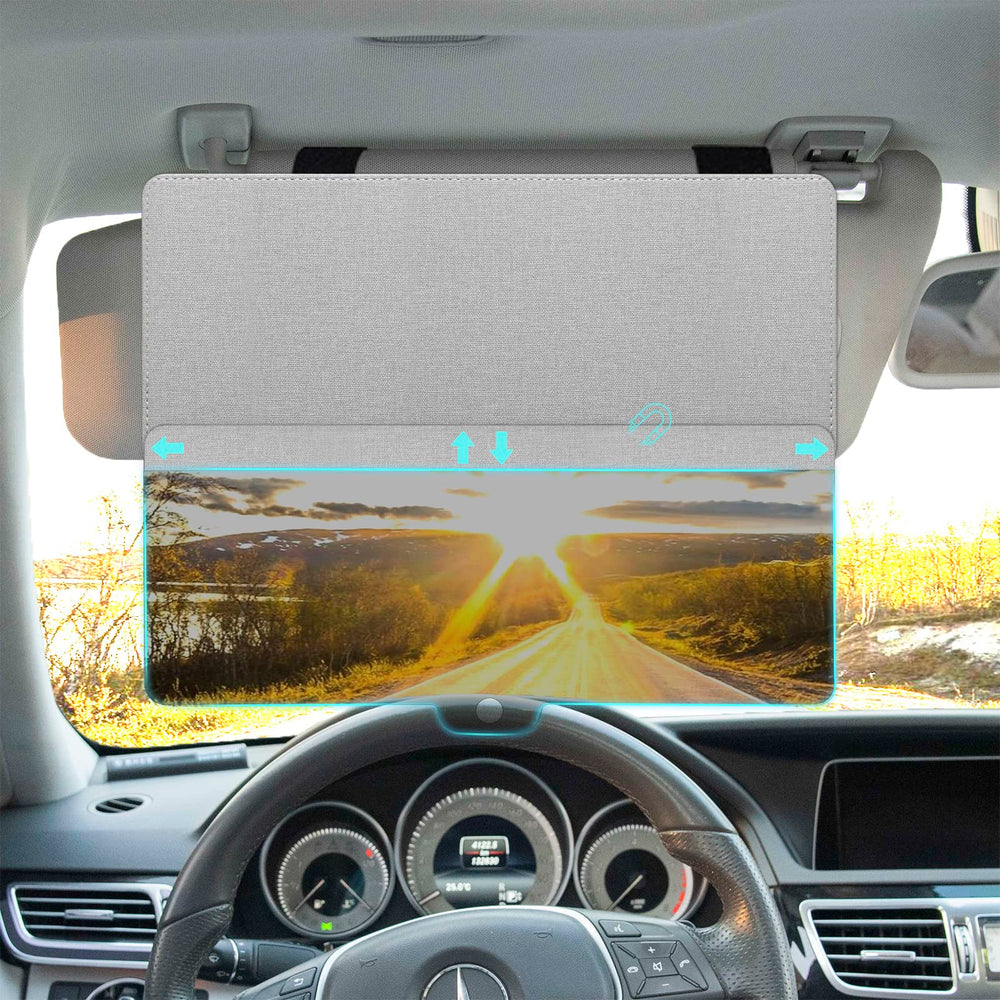 NAZZO polarized sun visor extension offers magnetic lens coverage for improved glare control on bright roads.