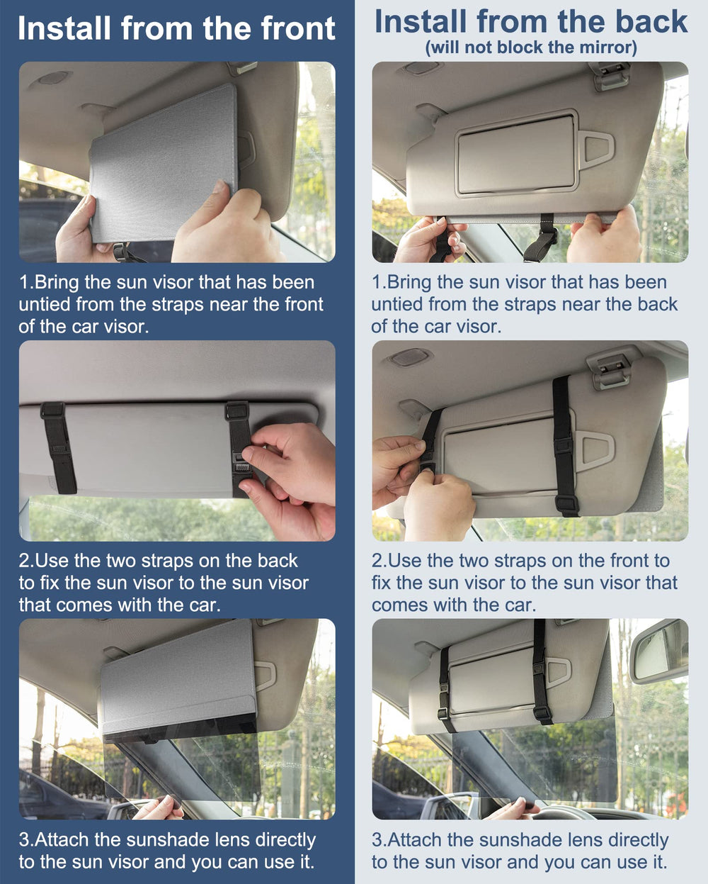 NAZZO ultraviolet filtering sun visor extension supports safer daytime driving visibility.
