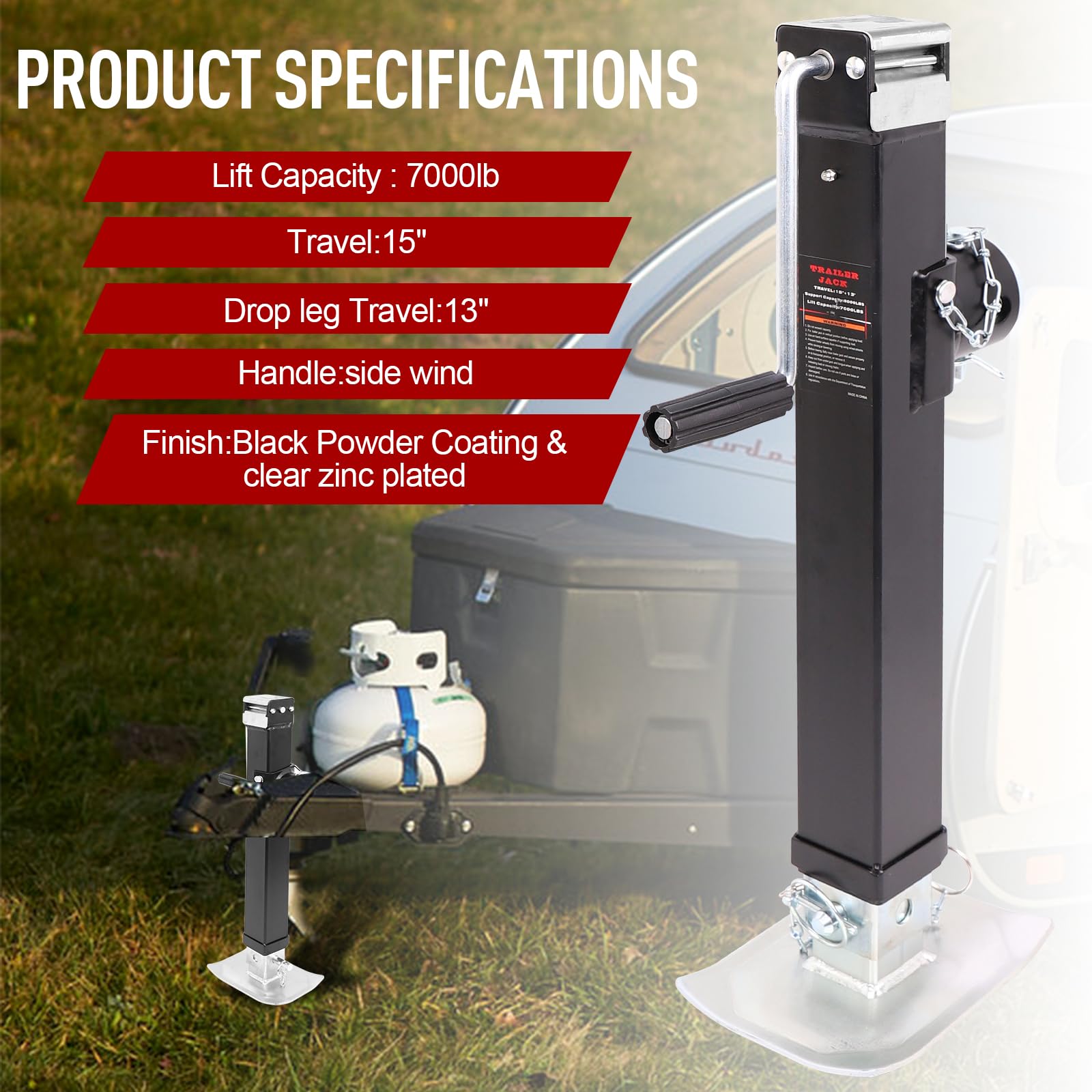 NBJINGYI swivel pipe-mount trailer jack enables flexible positioning for towing and leveling.