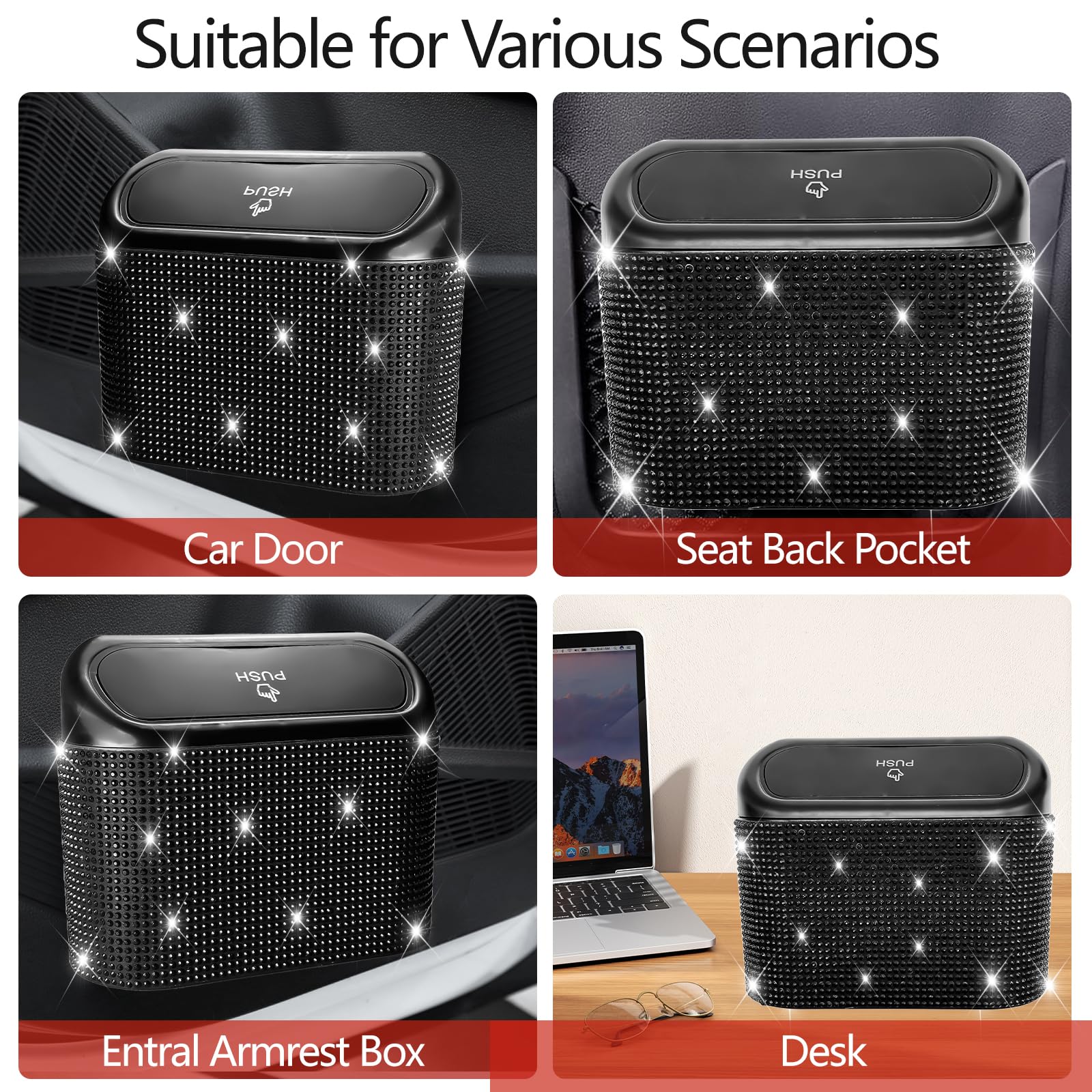 NBTEPEM Bling car trash can Black Diamond finish adds chic contrast.