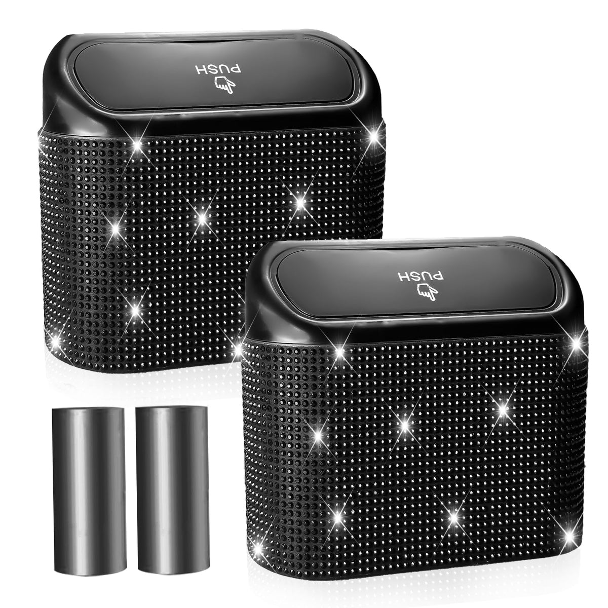 NBTEPEM Bling car trash can lid close-up highlights luxury rhinestones for stylish interiors.