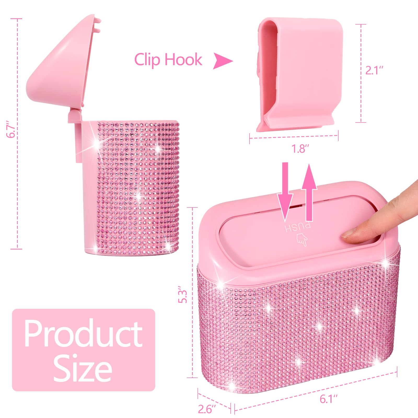 NBTEPEM Bling Pink car trash can hook allows quick, tool-free mounting