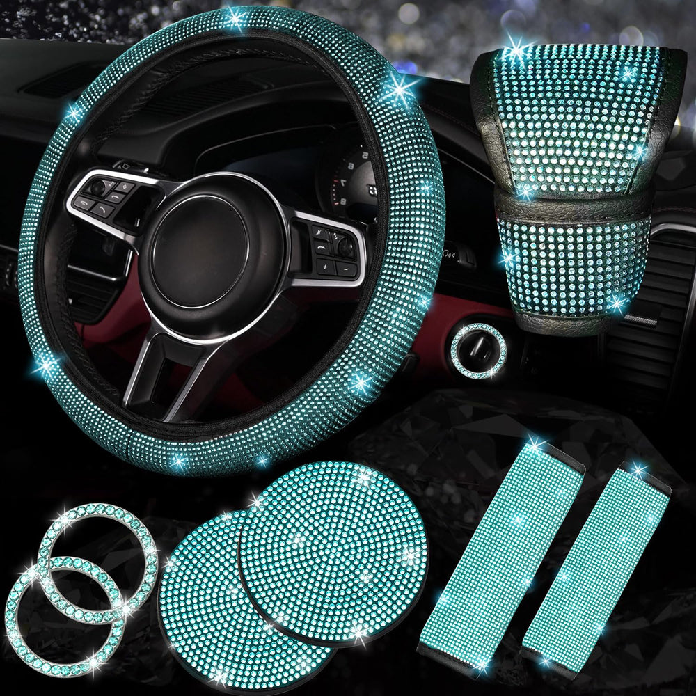 NBTEPEM steering wheel cover with aquamarine diamonds adds grip and sparkle.