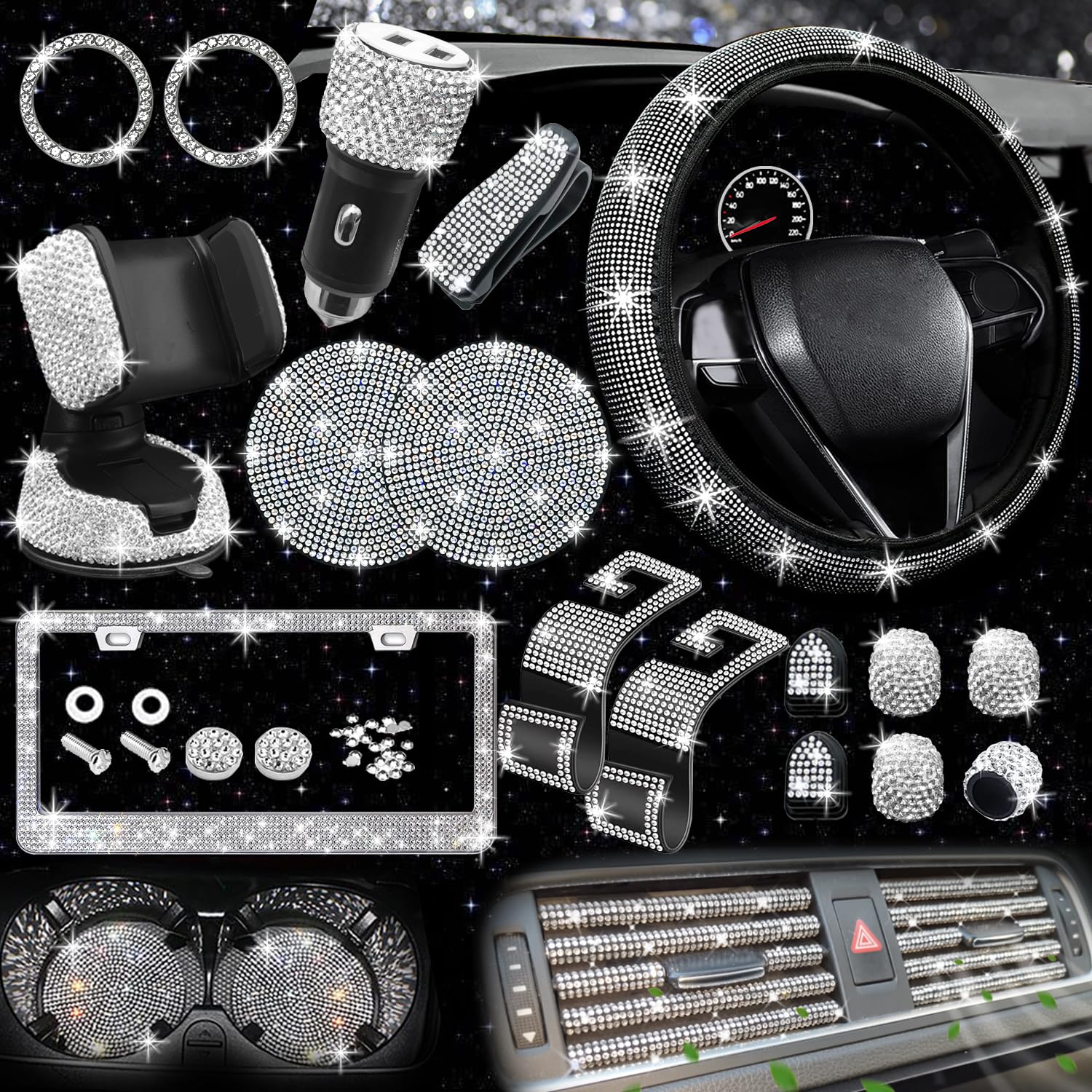 NBTEPEM bling steering wheel cover with silver diamonds adds stylish grip