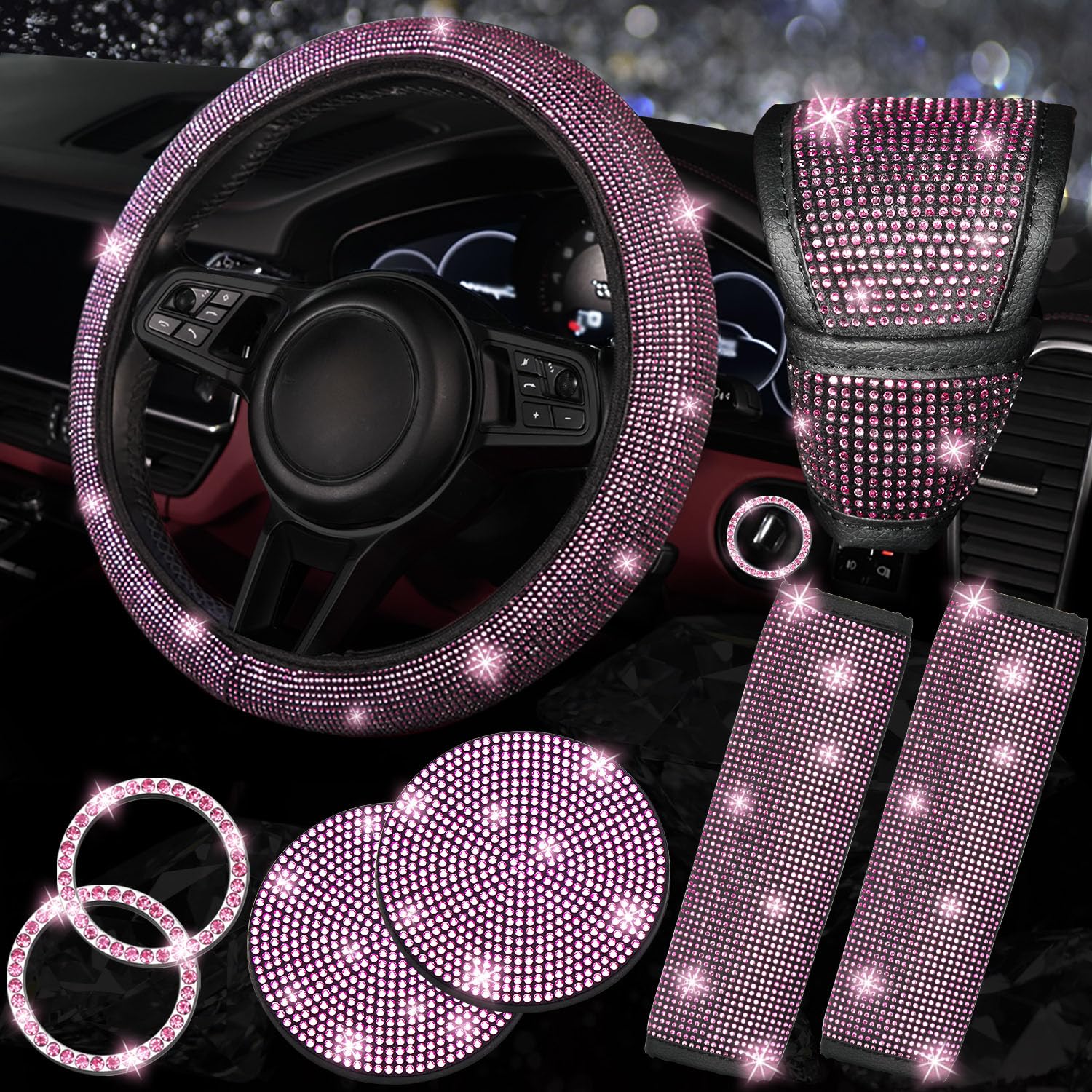 NBTEPEM pink bling steering wheel cover adds glamour and grip.