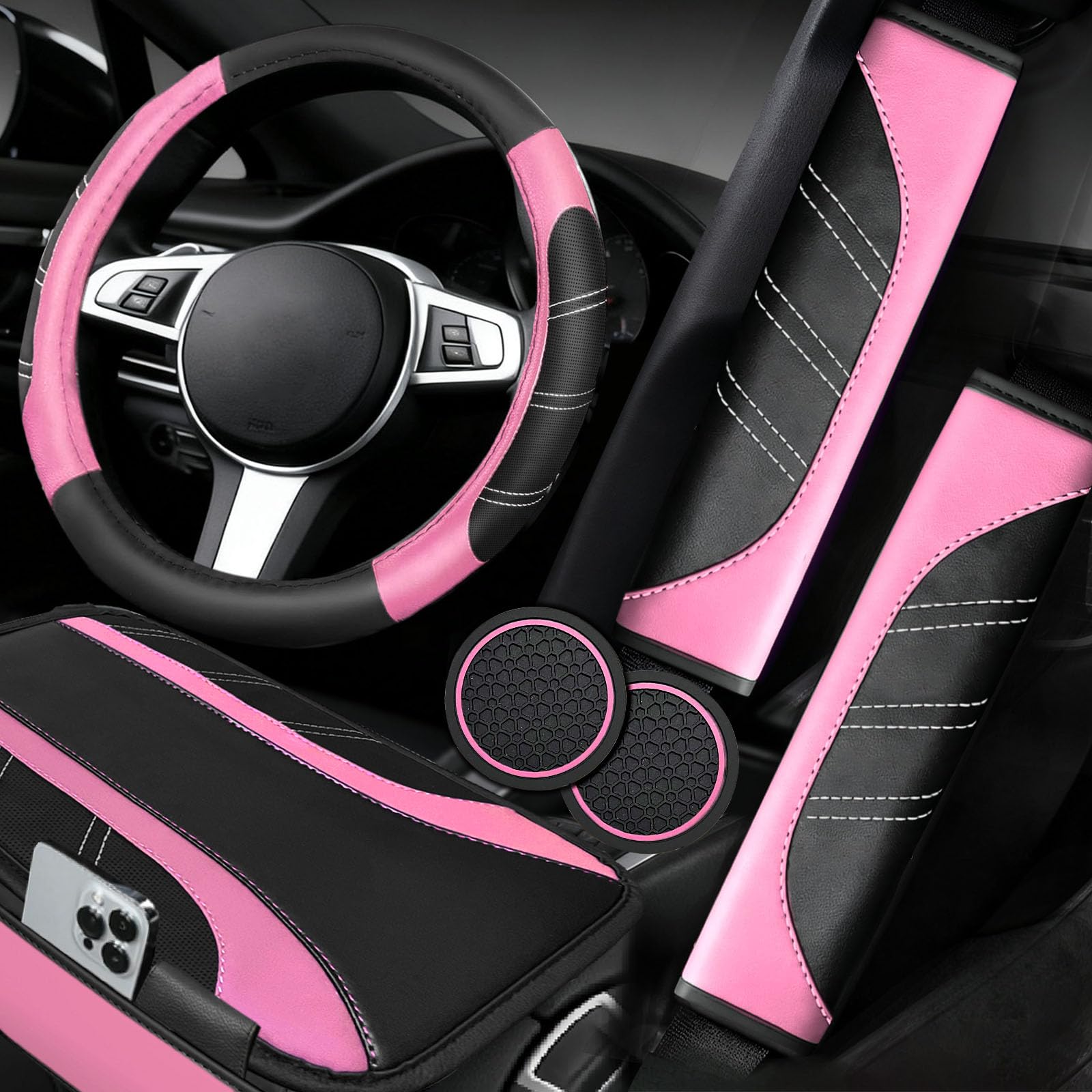 NBTEPEM sport leather steering wheel cover on 14.5-15 inch wheel for better grip.