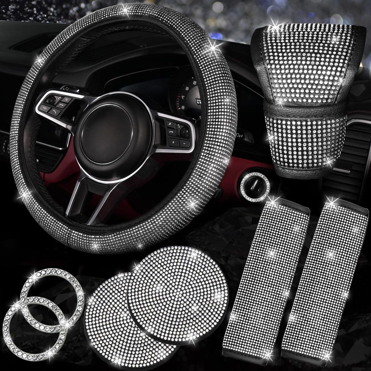 NBTEPEM steering wheel cover with sparkling rhinestones for stylish grip