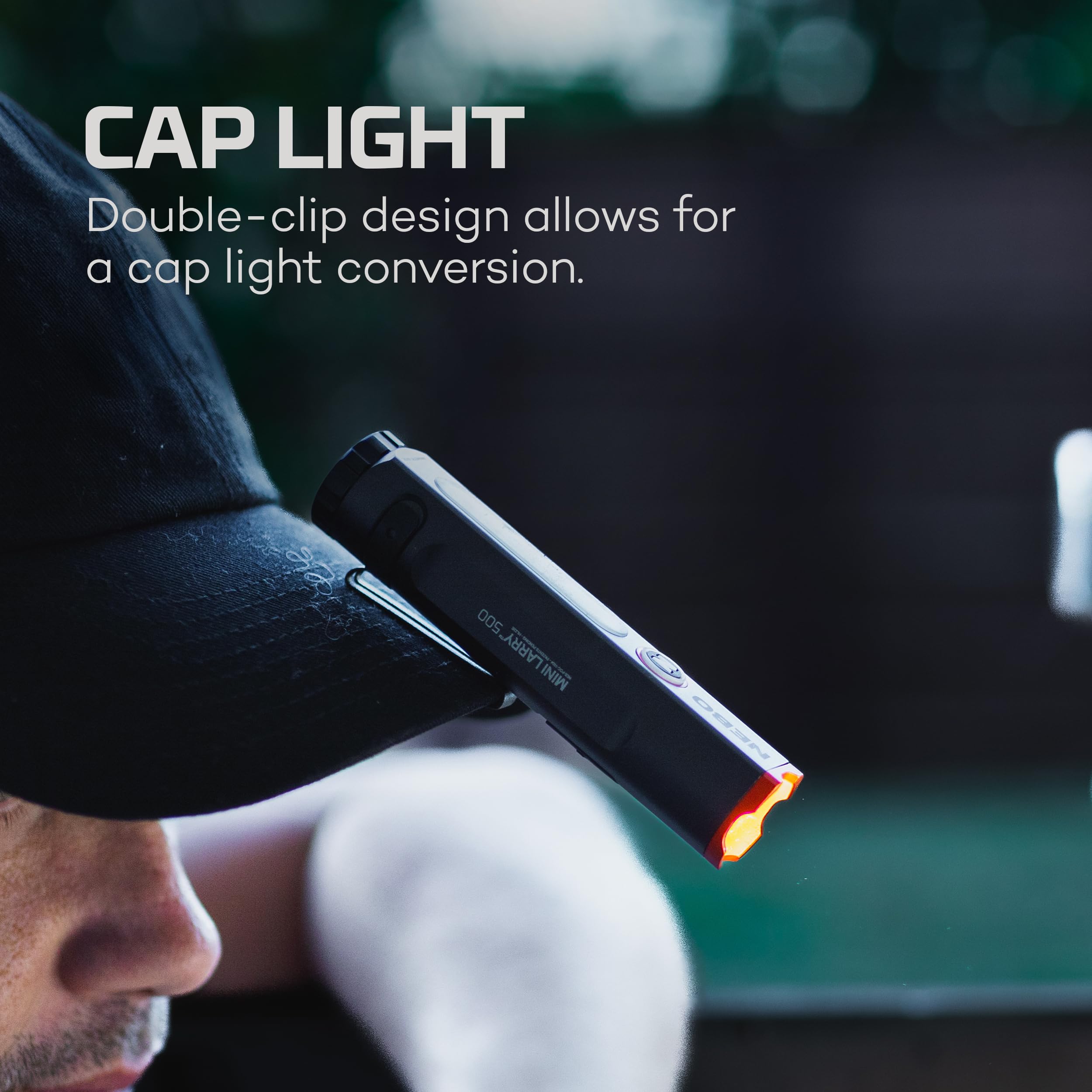 NEBO Mini Larry 500 reversible pocket clip detail, offering two-way carry and cap-light flip