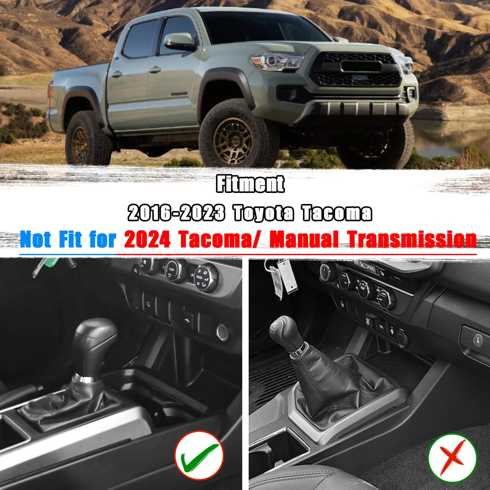 Install view of Neepiar gear shift tray fitting beside Tacoma gear shift