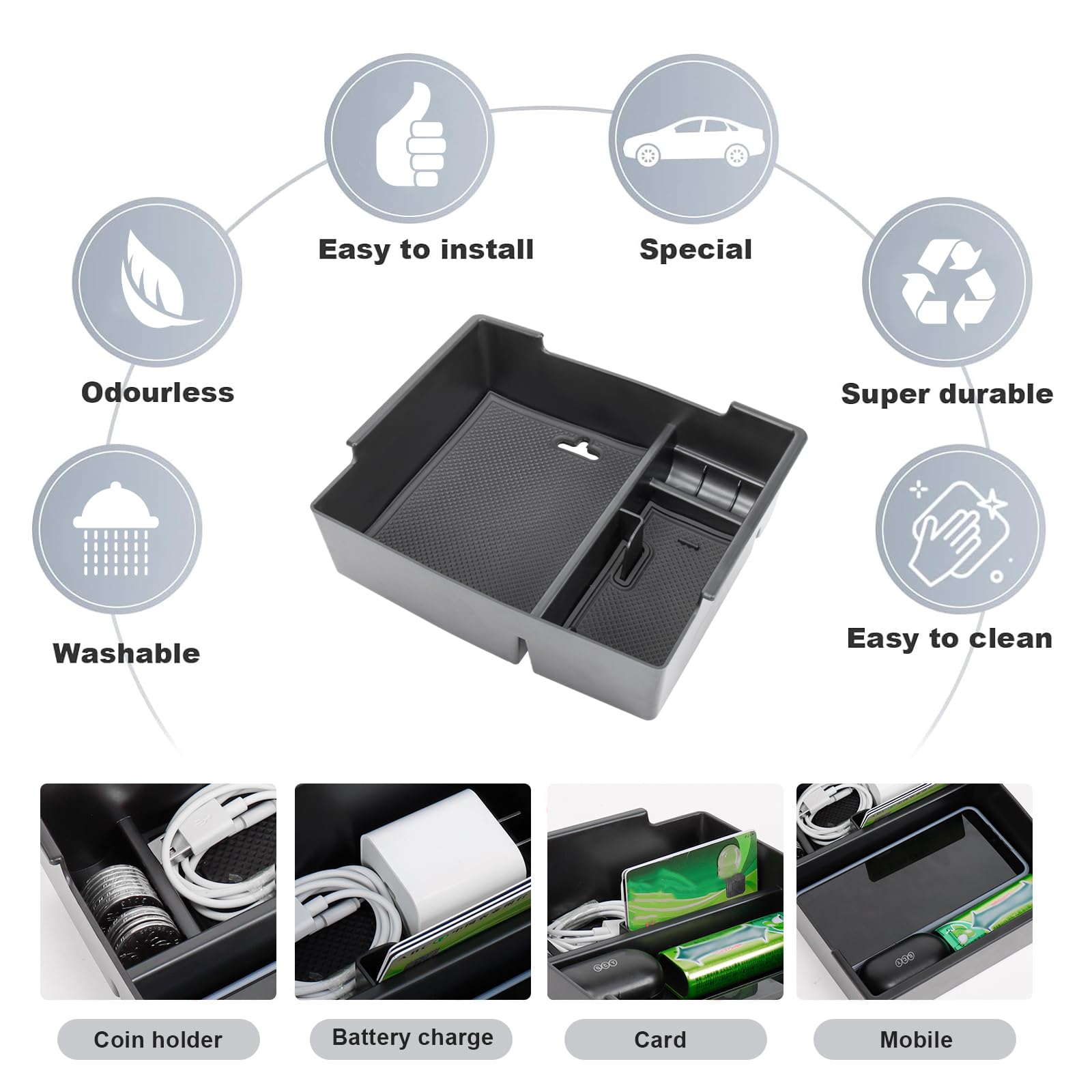 Neepiar center console organizer anti-slip pad reduces movement and cabin noise.