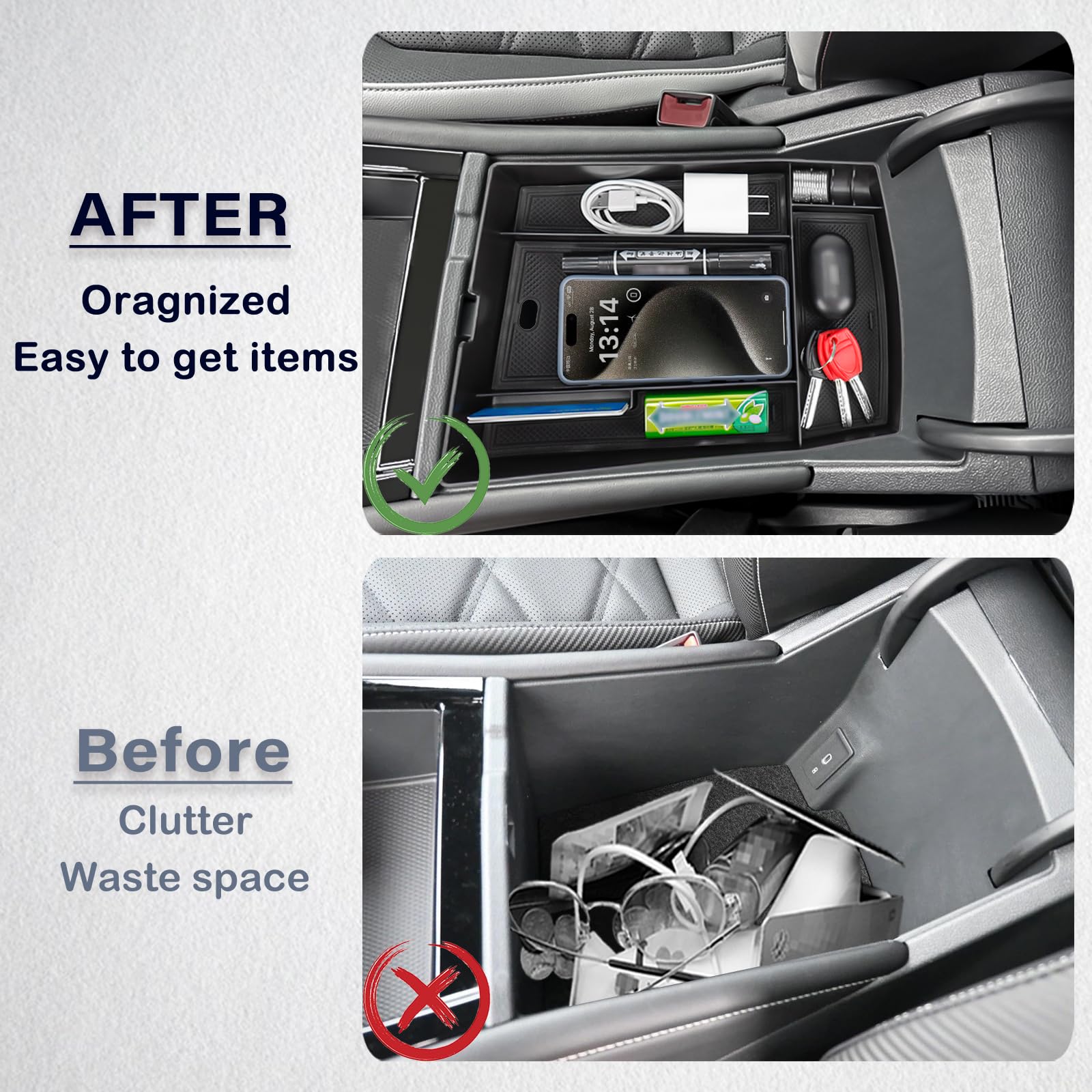 Neepiar center-console-organizer-charging-hole enables easy phone charging without clutter.