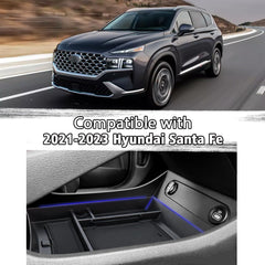 Neepiar center console organizer demonstrates quick, tool-free installation for Santa Fe.