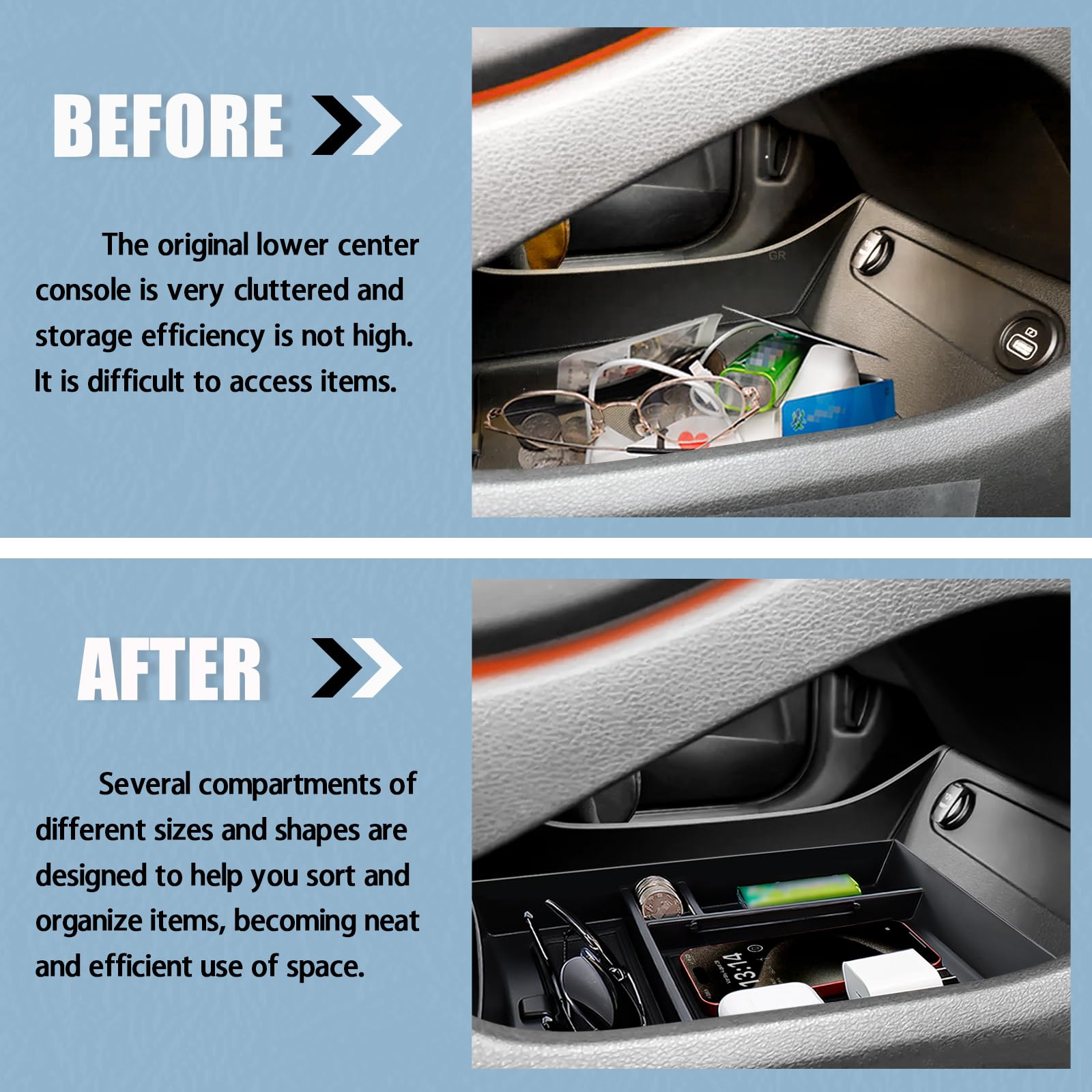 Neepiar center console organizer keeps lipstick, wallet, and sunglasses within easy reach.