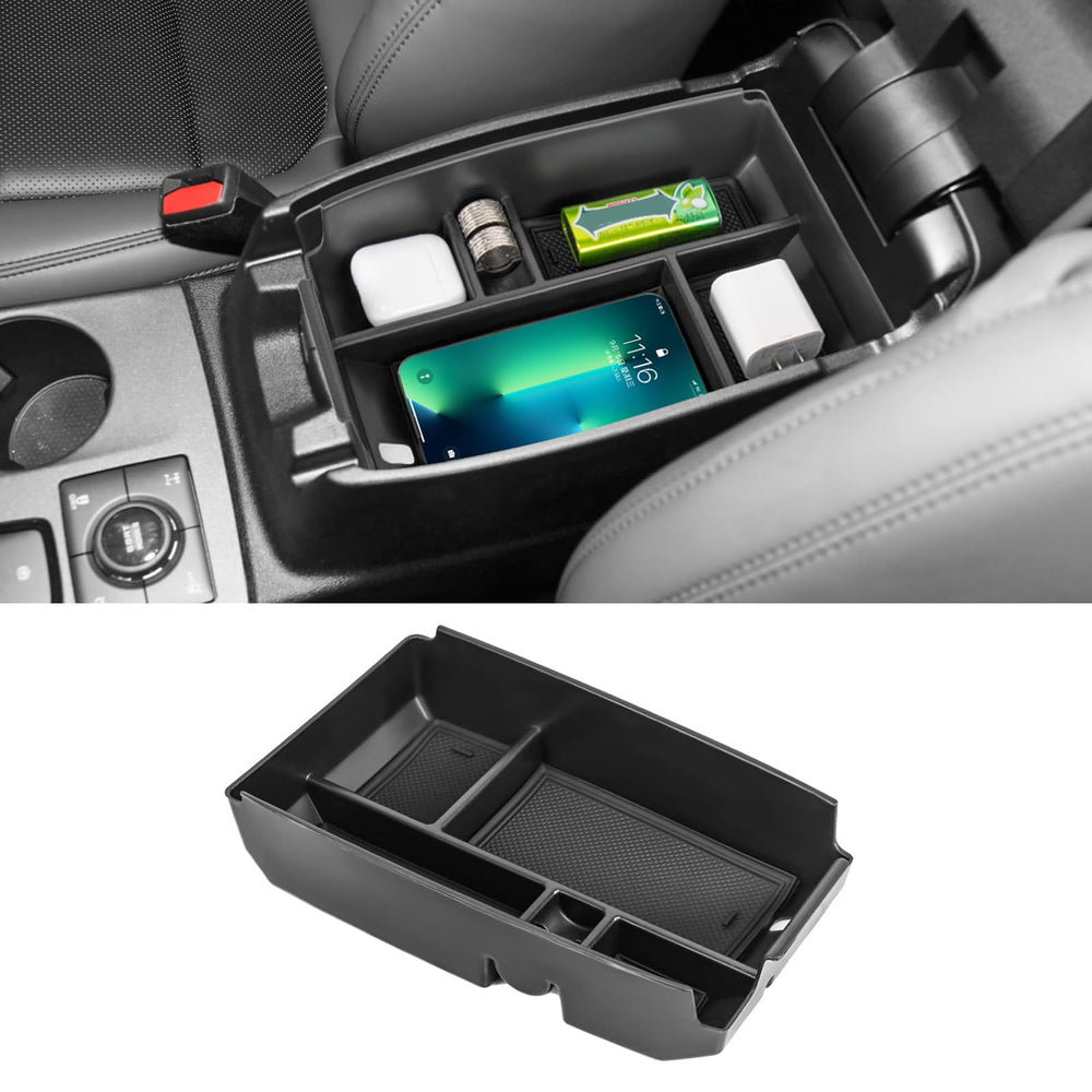 Neepiar center-console-tray close-up showing charging hole for devices
