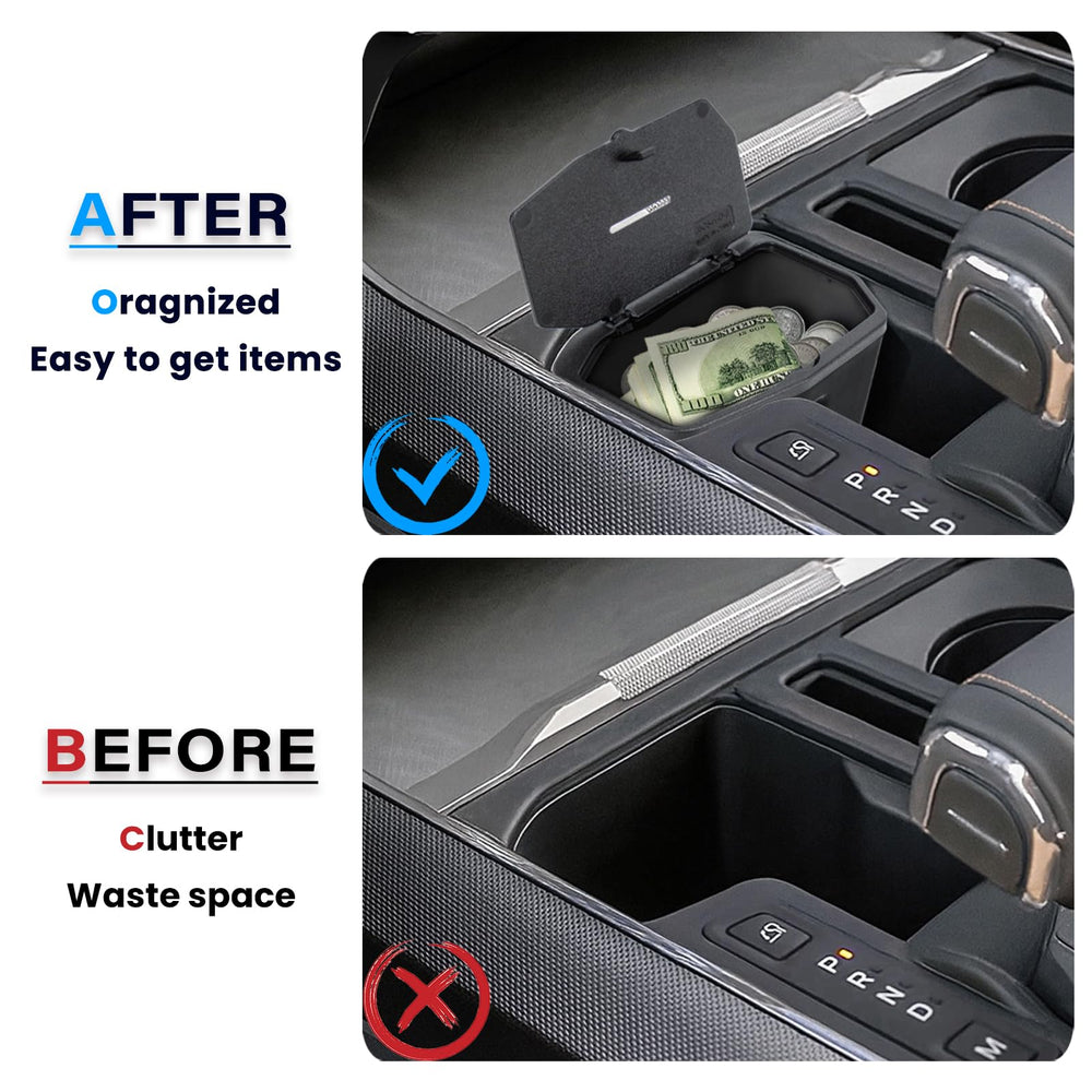 Neepiar under-gear-shifter storage tray keeps small items neatly tucked away.