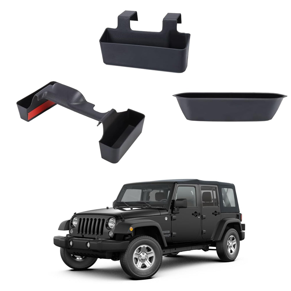 Neepiar gear shift console side tray keeps small items organized inside the Jeep Wrangler.