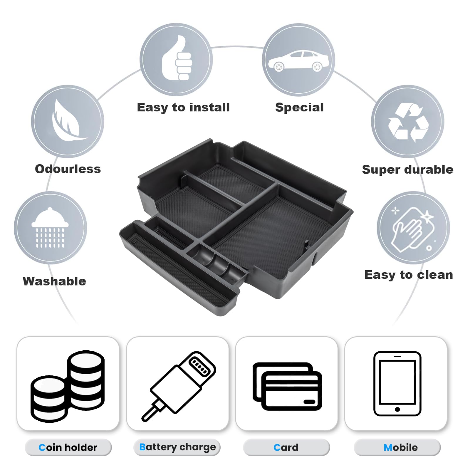 Seven-compartment design keeps coins, cards, phones neatly separated.