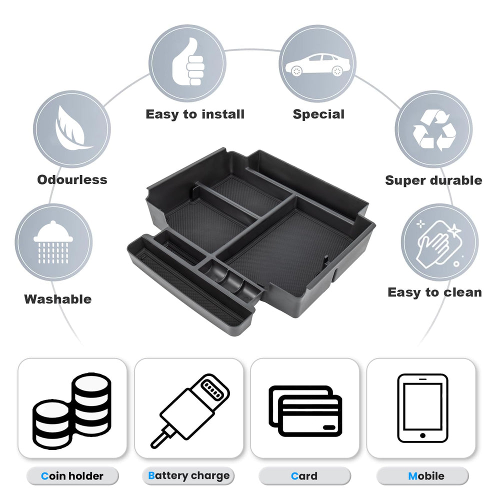 Seven-compartment design keeps coins, cards, phones neatly separated.