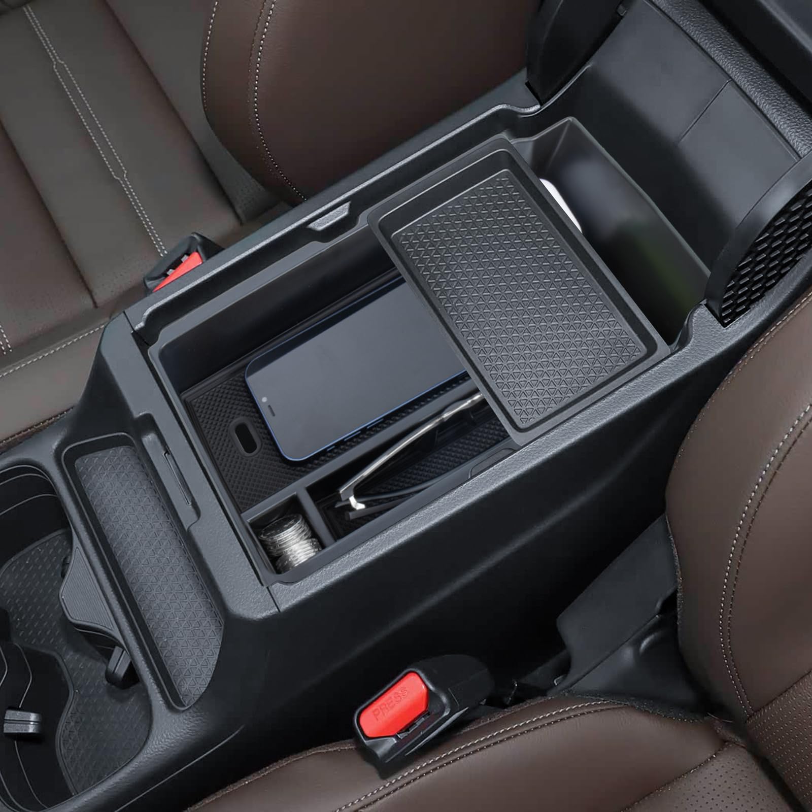 Two-layer storage design provides easy access to keys, phone, and small items while driving.