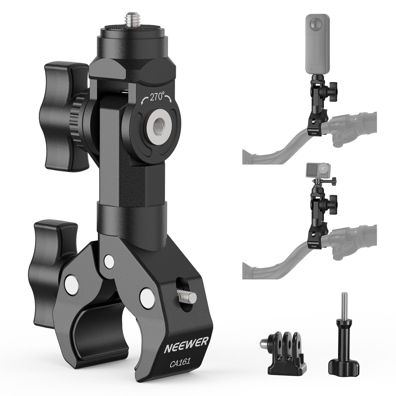 NEEWER motorcycle handlebar clamp mount secures camera to handlebars for stable POV filming