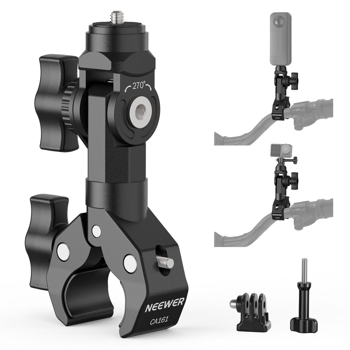 NEEWER motorcycle handlebar clamp mount secures camera to handlebars for stable POV filming