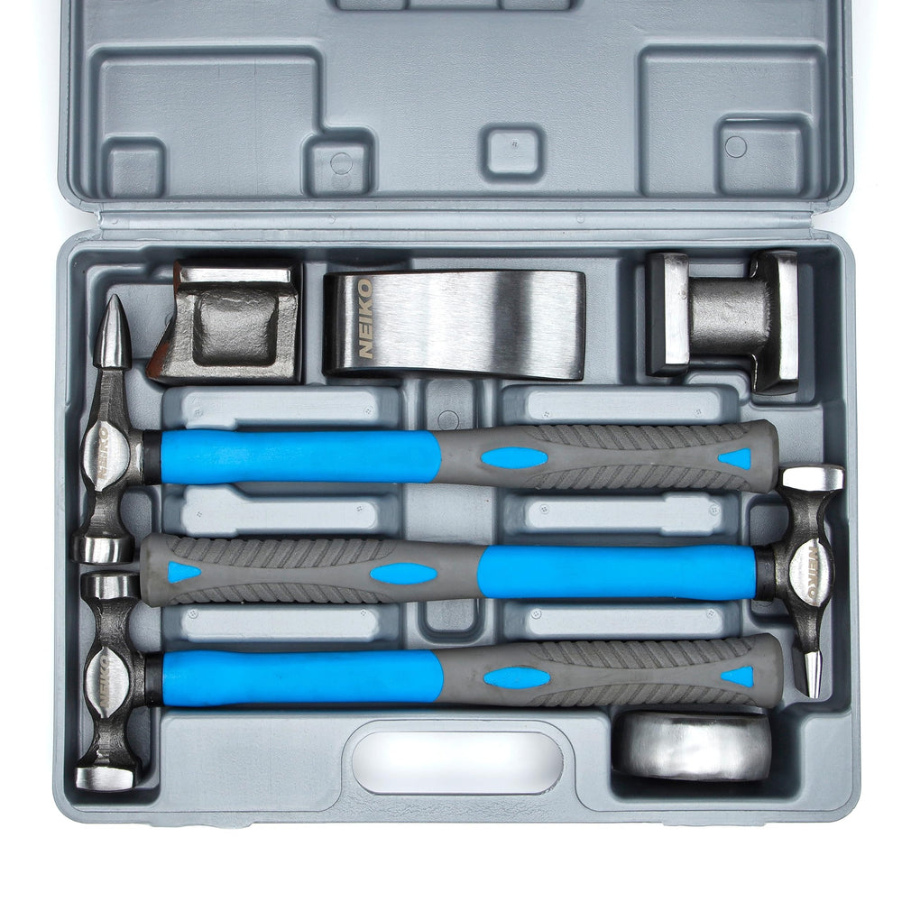 NEIKO 20730A auto body hammer and dolly set shown with case for shop-ready dent repair