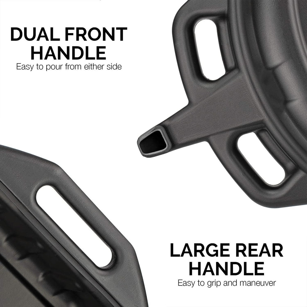 NEIKO 20762A oil drain pan features a built-in spout for clean pouring.
