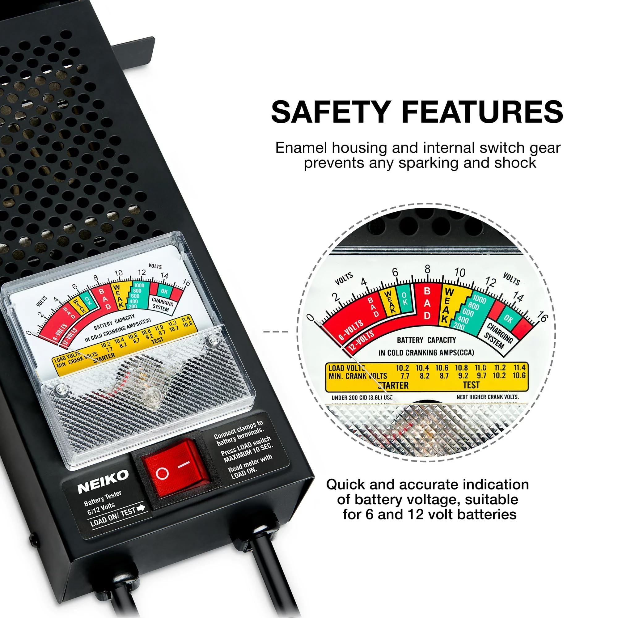 NEIKO 40510A analog meter display for at-a-glance battery condition readings.